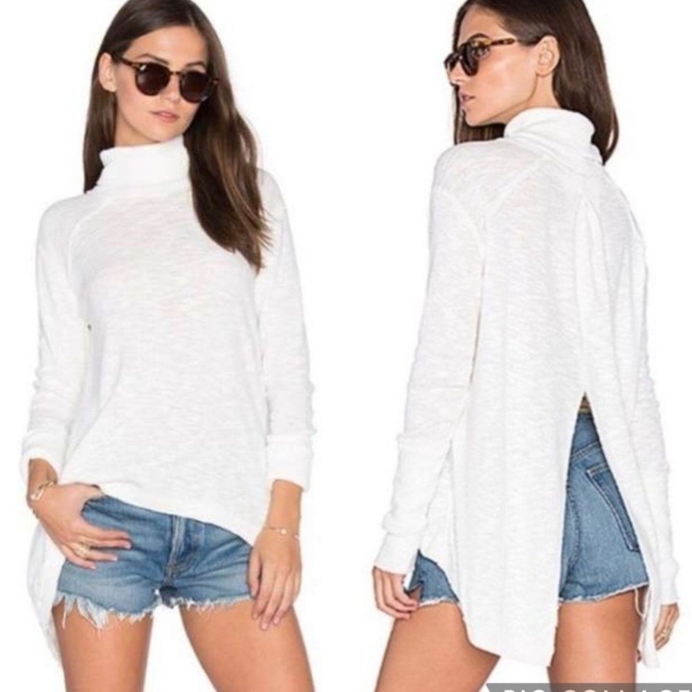 Free People White Cowl Turtleneck Split-Back Sweater